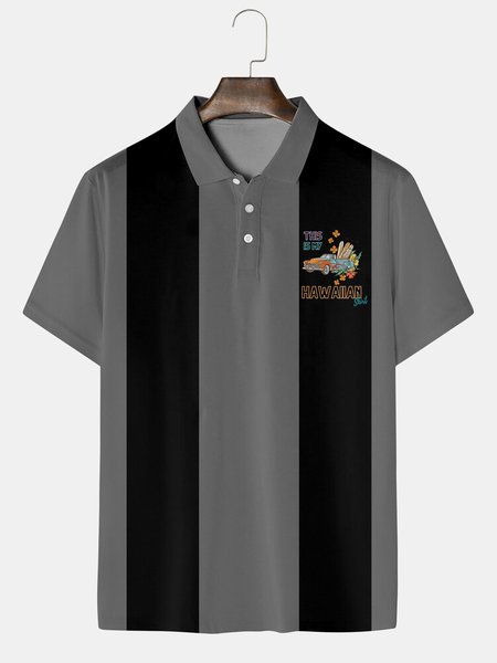Resort Style Hawaiian Series Car Floral Elements Lapel Phort-Pleeved Polo Print Top, Gray, Men's t-shirts