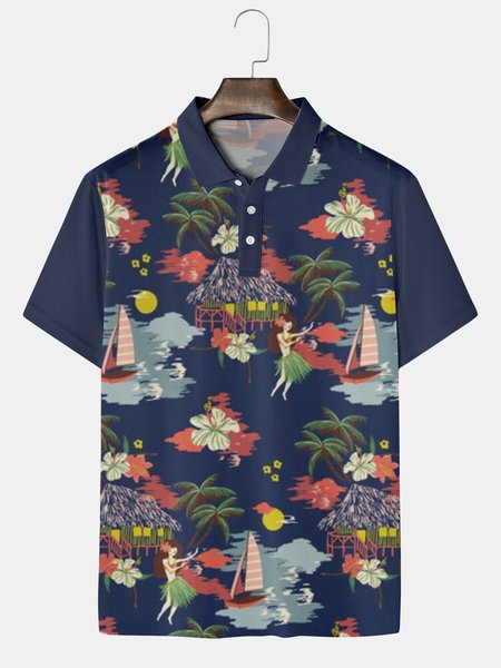 Resort Style Hawaiian Series Coconut Tree Floral Elements Lapel Short-Sleeved Polo Print Top, Purplish blue, Men's t-shirts
Resort Style Hawaiian Series Coconut Tree Floral Elements Lapel Short-Sleeved Polo Print Top, Purplish blue, Men's t-shirts