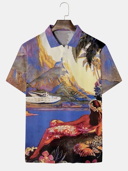 Resort Style Hawaiian Series Coconut Tree And Retro Beauty Elements Lapel Short-Sleeved Polo Print Top, Multicolor, Men's t-shirts
Resort Style Hawaiian Series Coconut Tree And Retro Beauty Elements Lapel Short-Sleeved Polo Print Top, Multicolor, Men's t-shirts