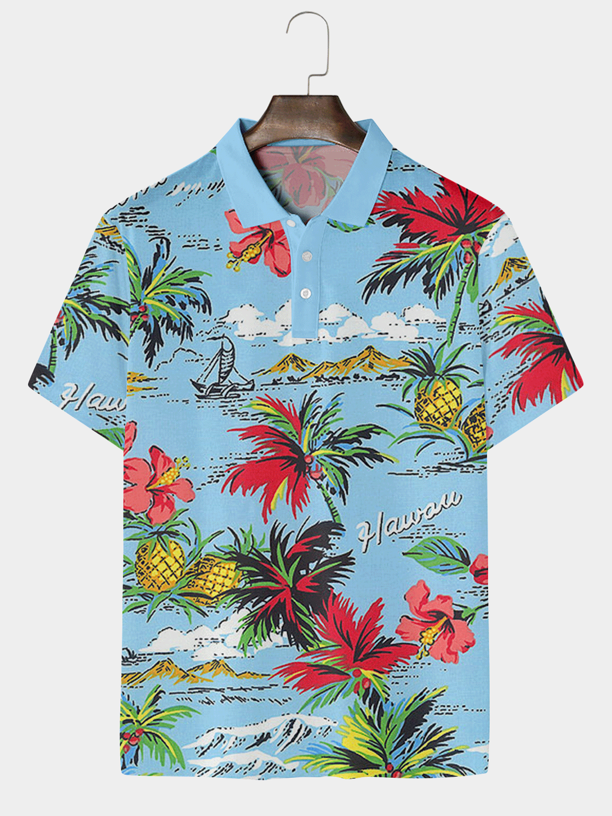 Resort Style Hawaiian Series Coconut Tree Floral Elements Lapel Short-Sleeved Polo Print Top, Blue, Men's t-shirts
Resort Style Hawaiian Series Coconut Tree Floral Elements Lapel Short-Sleeved Polo Print Top, Blue, Men's t-shirts