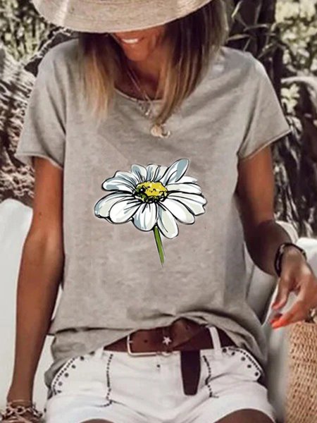 Casual Crew Neck Floral Short Sleeve T-Shirt, As picture, T-Shirts