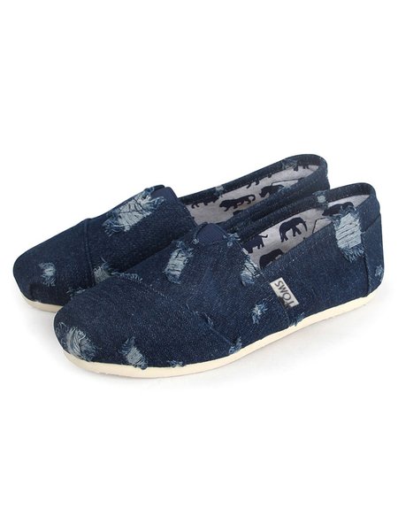 Plus Size Distressed Denim Canvas Flats, Blue, Flats