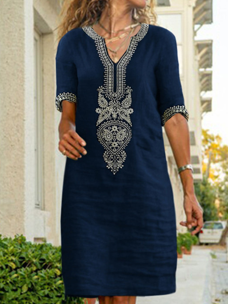 Boho Tribal Loosen Casual Short Sleeve Woven Dress, Deep gray, Dresses