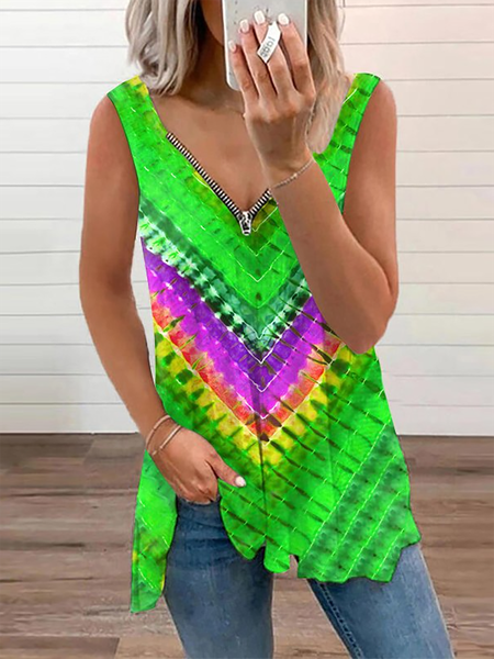 Dazzling Green Tie-dye V-neck Zipper Casual Sleeveless Vest, Tanks & Camis
