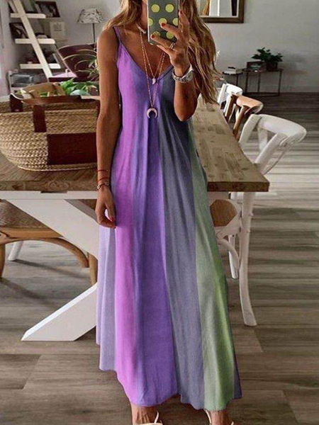 Tie Dye Loosen Sleeveless Knitting Dresses, Purple, Maxi Dresses