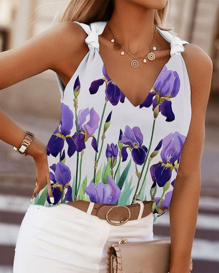 V Neck Floral Short Sleeve Tops, White, Tank Tops & Camis