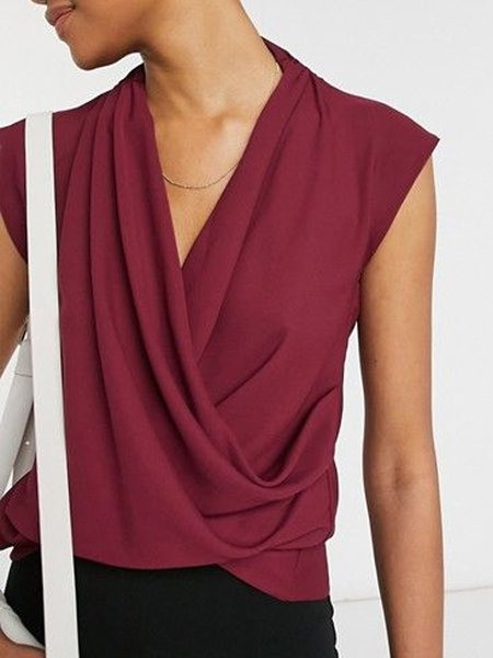 Cross Front Vacation Ruched Top, Wine red, Tunics