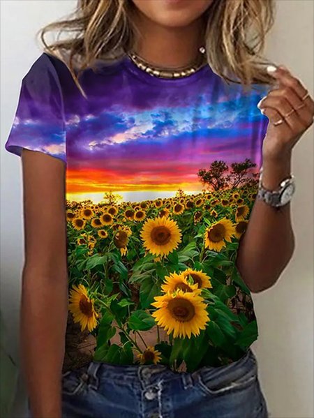 Sunflower Crew Neck Casual Short Sleeve T-Shirt, As picture, T-Shirts