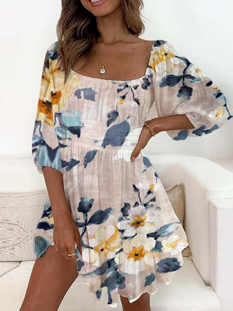 Casual Vacation Square Neck Floral Regular Fit Long Sleeve Woven Dress, White, Dresses