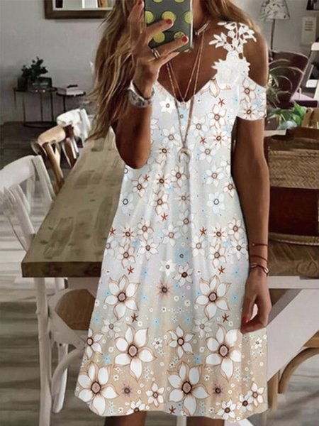 Loosen Vacation Short Sleeve Knit Dress, White, Dresses