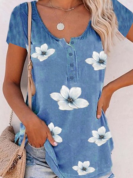 Floral Casual Crew Neck Loosen Buttoned Short Sleeve T-Shirt, Flower, T-Shirts