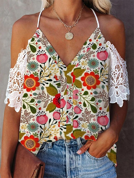 Floral V Neck Casual Short Sleeve Tops, As picture, Tops
