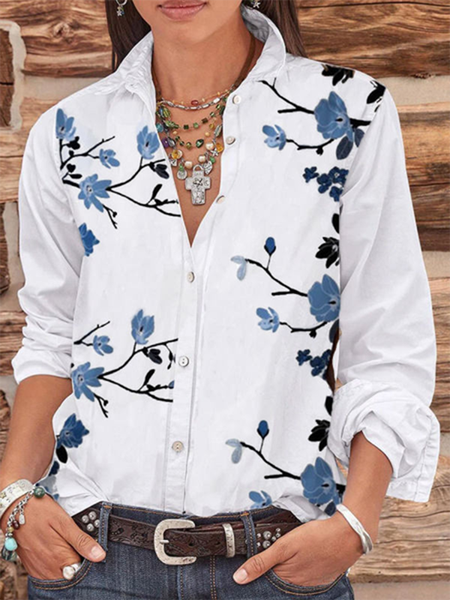 Floral Shirt Collar Casual Long Sleeve Blouse, White, Blouses & Shirts