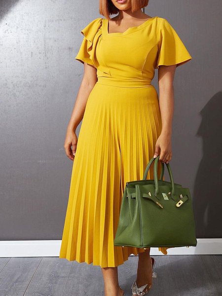 Asymmetrical Neck Regular Fit Short Sleeve Woven Dress, Yellow, Maxi Dresses