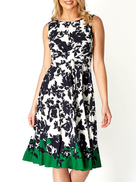 Floral Vacation Sleeveless Woven Dress, Black-white, Midi Dresses