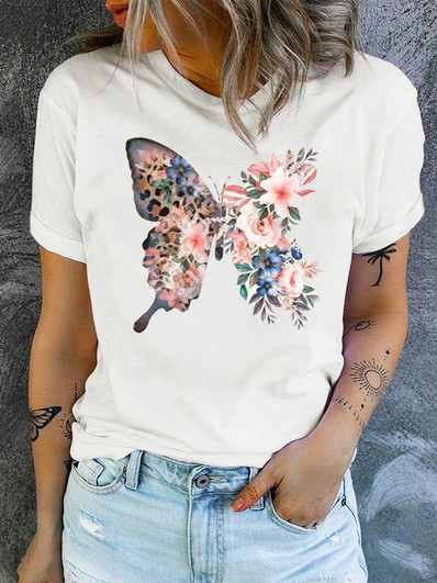 Butterfly Loosen Casual Short Sleeve T-Shirt, White, Tees & T-shirts