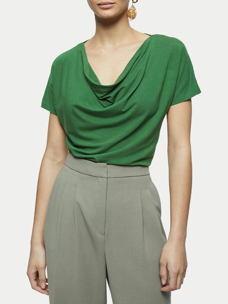 Daily Solid Cowl Neck Short Sleeve Top, Green, Tops