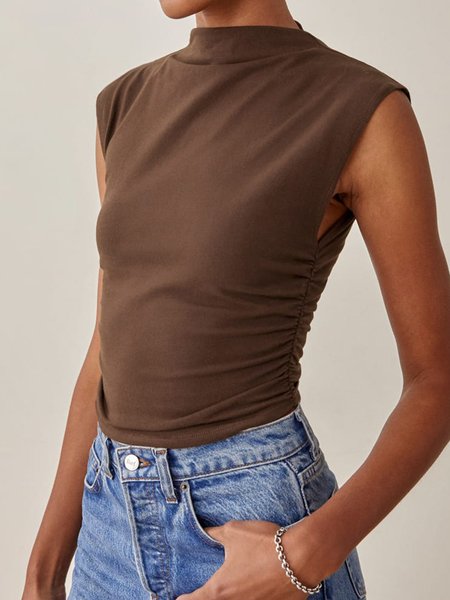 Regular Fit Solid Simple Sleeveless T-Shirt, Coffee, Blouses and Shirts