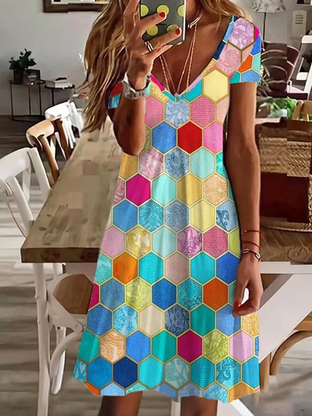 V Neck Geometric Casual Short Sleeve A-line Dress, Multicolor, Mini Dresses