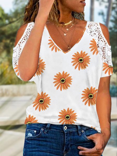 Vacation Floral Loosen Lace Patchwork V Neck Short Sleeve T-Shirt, Flower, T-Shirts
Vacation Floral Loosen Lace Patchwork V Neck Short Sleeve T-Shirt, Flower, T-Shirts