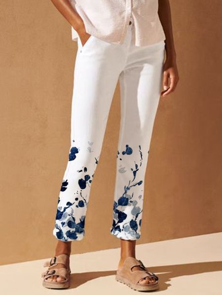 Pockets Butttoned Floral Printed Casual Pants, White, Pants