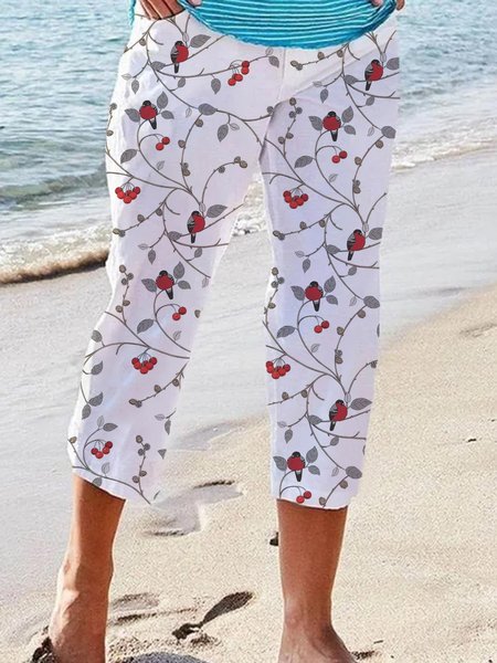 Casual Vacation Printed Elastic waist Cropped Pants, White, Bottoms