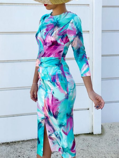 Elegant Floral Regular Fit Crew Neck Knee Dress, Multicolor, Midi Dresses