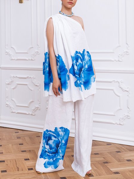 White Long Daily Floral Elegant Pants, Wide Leg Pants