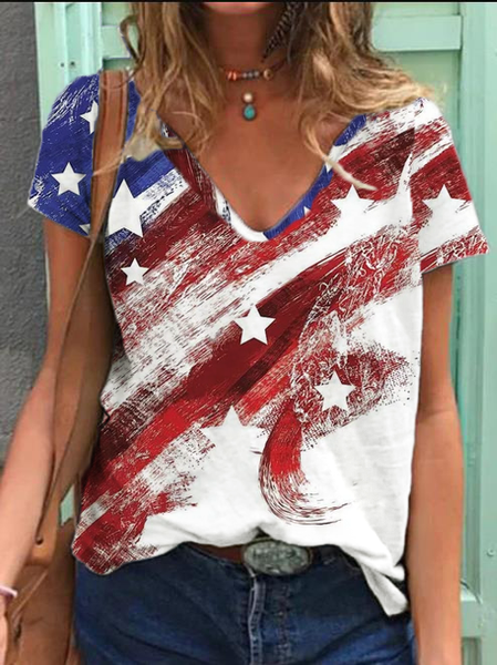 Women's Summer Casual V Neck Short Sleeve Shift Abstract Shirts & Tops, White, Tops