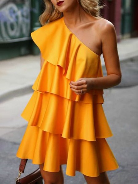 Elegant One Shoulder Short Sleeve Woven Dress, Yellow, Mini Dresses