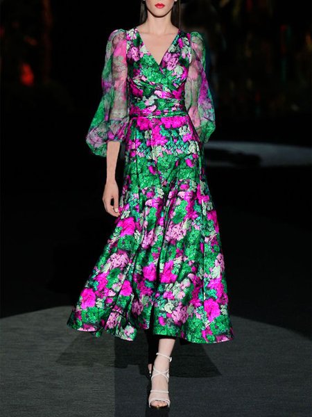 Vacation Floral Regular Fit Midi Dress, Green, Maxi Dresses