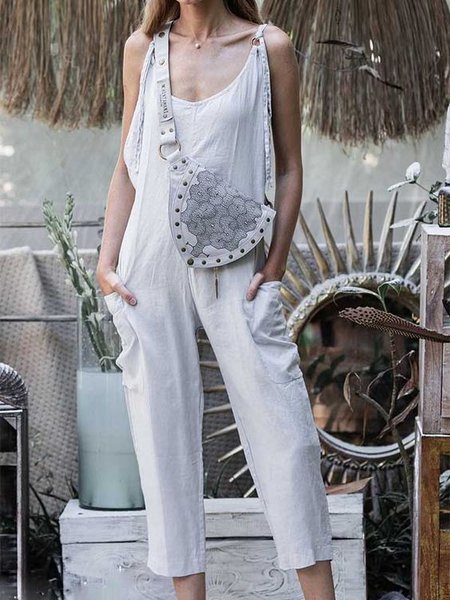 U-Neck Plain Cotton Jumpsuit & Romper, White, Jumpsuits&Rompers