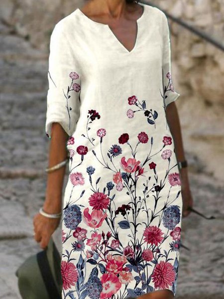 Loosen V Neck Floral Short Sleeve Woven Dress, White, Mini Dresses