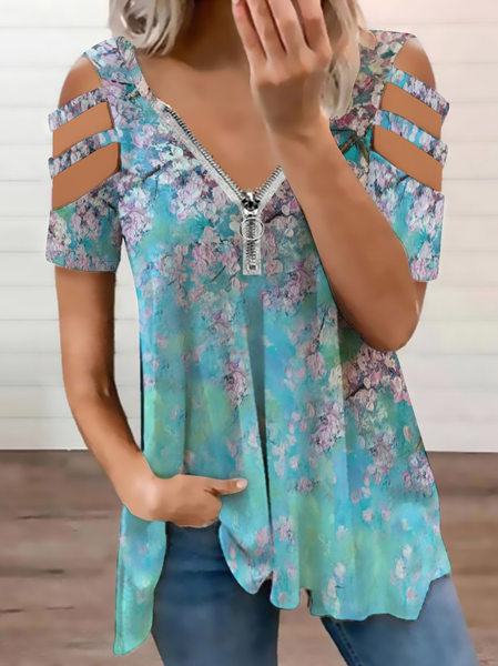 Casual Simple Floral Print V-Neck Top, Blue, Blouses