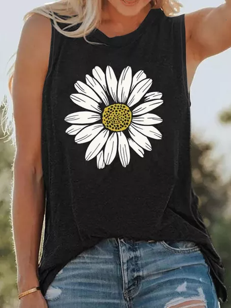 Floral Casual Loosen Knit Tank, Black, Tank Top
