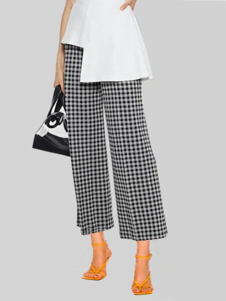 Summer Lightweight Slightly stretchy Zipper fly Grid Pants, Black, Wide Leg Pants