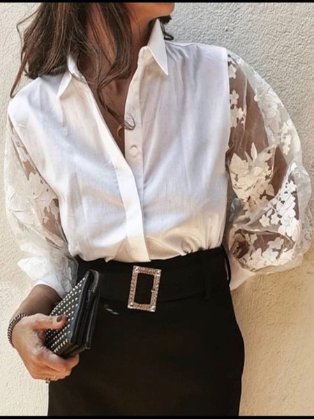 Regular Fit Elegant Shirt Collar Long Sleeve Blouse, White, Blouses and Shirts