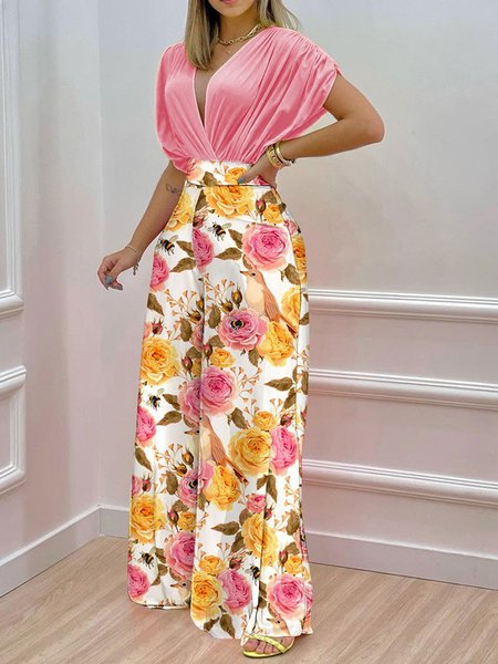 Cross Front Elegant Floral Two Piece Set, Pink, Pants Set