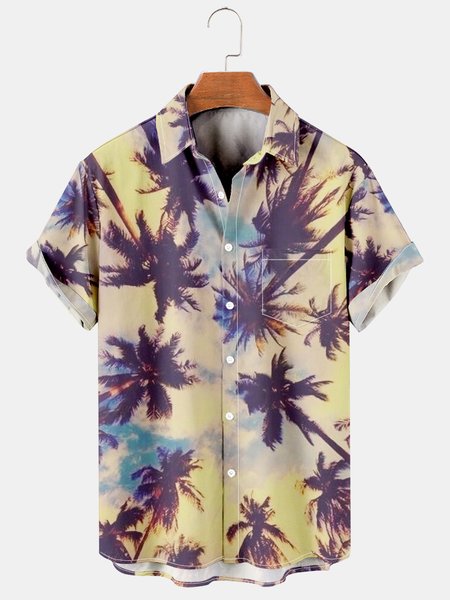 Men's Hawaiian Print Lapel Loose Chest Pocket Short Sleeve Trendy Aloha Shirt, As picture, Men's Floral shirt