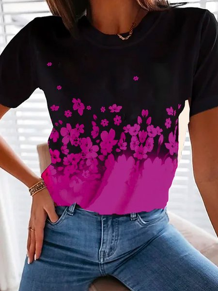 Casual Floral Short Sleeve T-Shirt, Black, T-Shirts