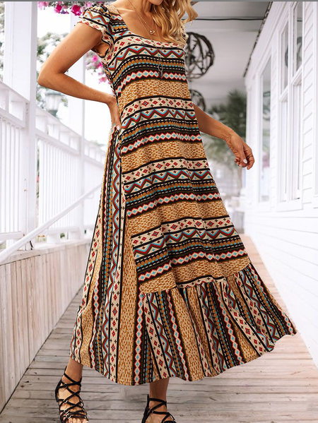 Ethnic Geometric Stripe Print Square Neck Resort Beach Dress Tribal Boho Short Sleeve Woven Dress, Brown, Dresses
Ethnic Geometric Stripe Print Square Neck Resort Beach Dress Tribal Boho Short Sleeve Woven Dress, Brown, Dresses
