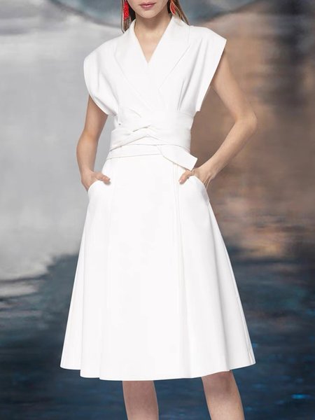 Elegant Lapel Short Sleeve Solid Dress, White, Maxi Dresses