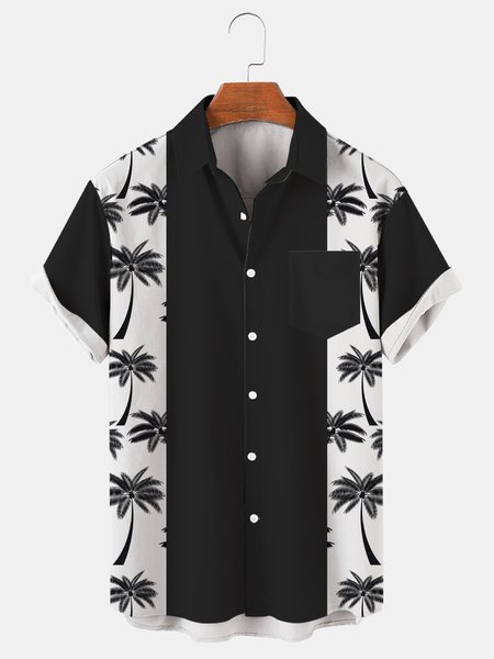 Men's Coconut Tree Print Casual Cool Breathable Hawaiian Short Sleeve Shirt, Black-white, Men's Floral shirt