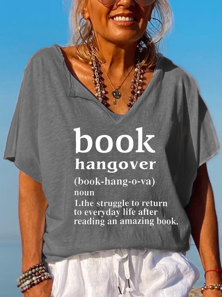Funny Book Hangover Letter Print Lapel T-shirt, Gray, T-shirts