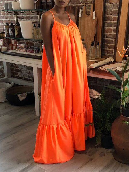 Spaghetti Vacation Sleeveless Woven Dress, Orange, Maxi Dresses