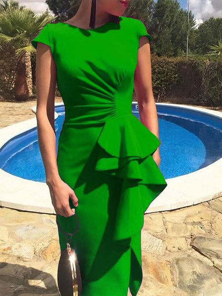 Elegant Sheath Solid Crew Neck Lady Midi Dress, Green, Midi Dresses
