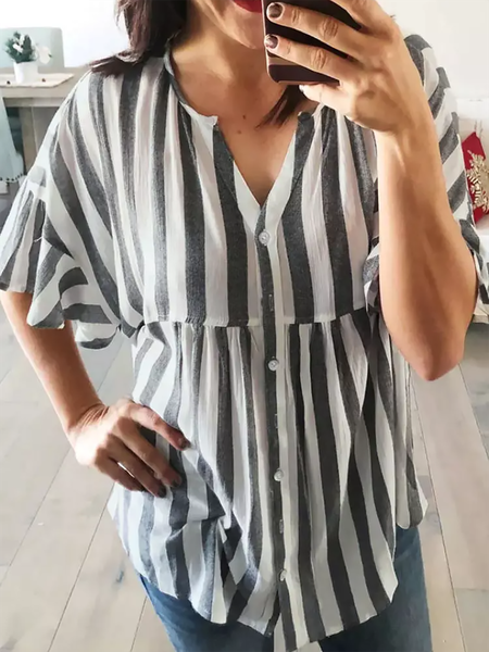 Casual Vertical Striped Button Short Sleeve Blouse, Black-white, Shirts & Blouses
Casual Vertical Striped Button Short Sleeve Blouse, Black-white, Shirts & Blouses