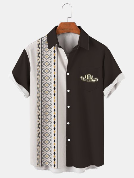 Mens Western Denim Print Casual Breathable Short Sleeve Shirt, Apricot, Men's Floral shirt