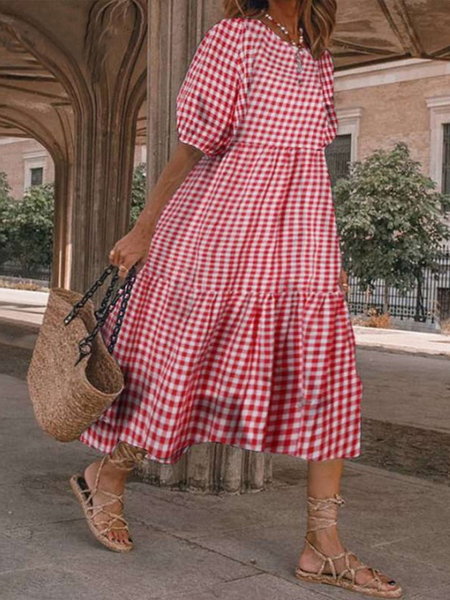 Casual Geometric Loosen Round Neck Short Sleeve Woven Dress, Red, Dresses