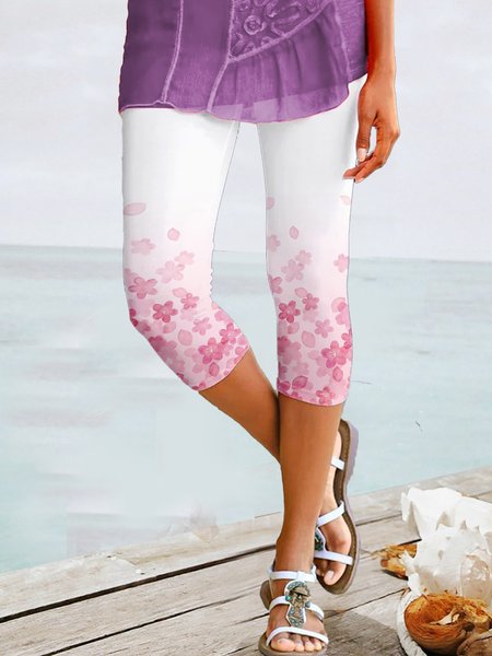 Floral Print Summer Casual Elastic Waist Skinny Cropped Pants, White, Shorts